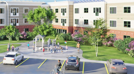 A rendering of an apartment complex overlooking playground equipment with children and adults interacting with each other and a parking lot with three parked cars.